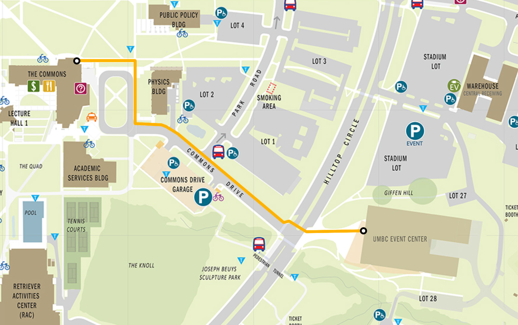 Visualized route stair-free route from The Chesapeake Employers Insurance Arena to The Commons. 